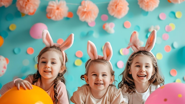 Ragazze felici con le orecchie di coniglio che festeggiano la Pasqua