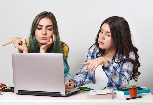 Ragazze giovani studenti con laptop che studiano insieme