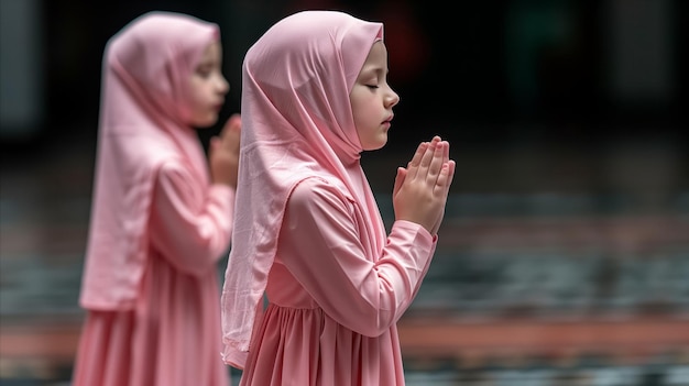 Ragazze in hijab rosa che pregano pacificamente all'aperto