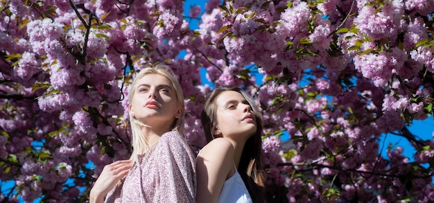 Ragazze primaverili all'aperto primo piano ritratto di giovane bella ragazza alla moda in posa vicino a saku in fiore