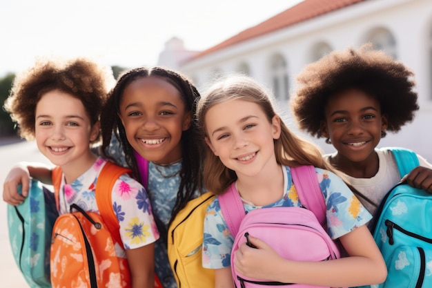 Ragazze scolastiche felici in gruppo che si abbracciano e guardano la telecamera, bambini multietnici sorridenti che posano per un ritratto di gruppo, ragazze di diversi colori della pelle che vanno a scuola insieme, diversità e comunicazione libera.