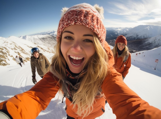 Ragazze skateboarder che fanno snowboard in cima alla montagna