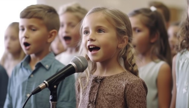 Ragazze sorridenti che cantano ragazzi che suonano strumenti creando gioiose performance musicali generate dall'intelligenza artificiale