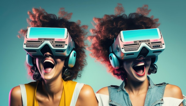 Ragazze sorridenti che indossano cuffie vr che giocano al gioco di realtà virtuale Metaverse tecnologia digitale futuristica IA generativa