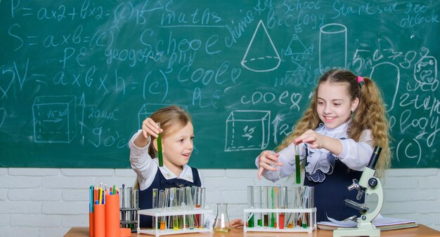 Ragazze sulla lezione di chimica della scuola Bambini impegnati con esperimenti Istruzione scolastica Partner di laboratorio scolastico Analisi chimiche Provette con sostanze colorate Attrezzature scolastiche per il laboratorio