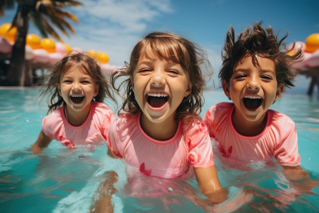 Ragazzi asiatici felici in un'attrazione acquatica di un parco acquatico