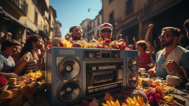 Ragazzi degli anni '90 ballano con i boombox in città.