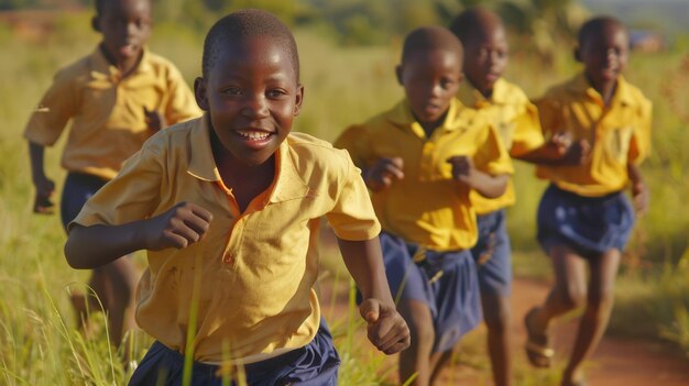 Ragazzi della scuola elementare africana che corrono verso la telecamera in un campo