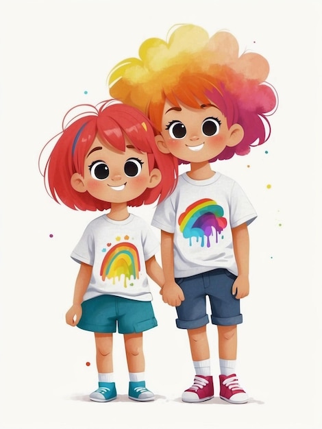 Ragazzi e ragazze carini e brillanti con i capelli color arcobaleno in stile cartone animato su uno sfondo bianco