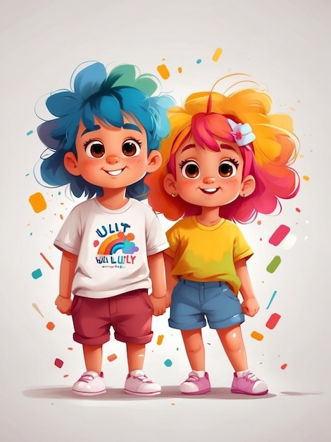 Ragazzi e ragazze carini e brillanti con i capelli color arcobaleno in stile cartone animato su uno sfondo bianco