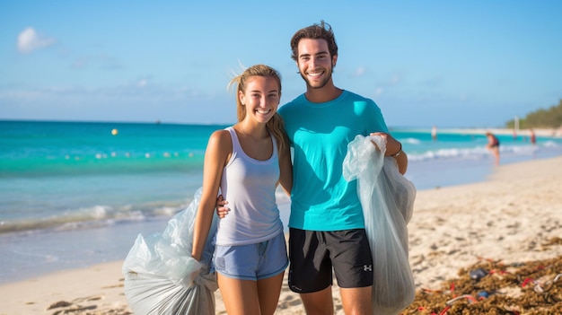 Ragazzi e ragazze che riciclano puliscono la spiaggia aiutando la comunità locale con viaggi sostenibili