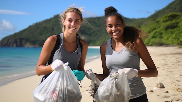 Ragazzi e ragazze che riciclano puliscono la spiaggia aiutando la comunità locale con viaggi sostenibili