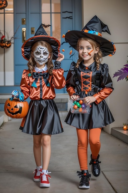 ragazzi e ragazze in costume che giocano e si divertono ad halloween