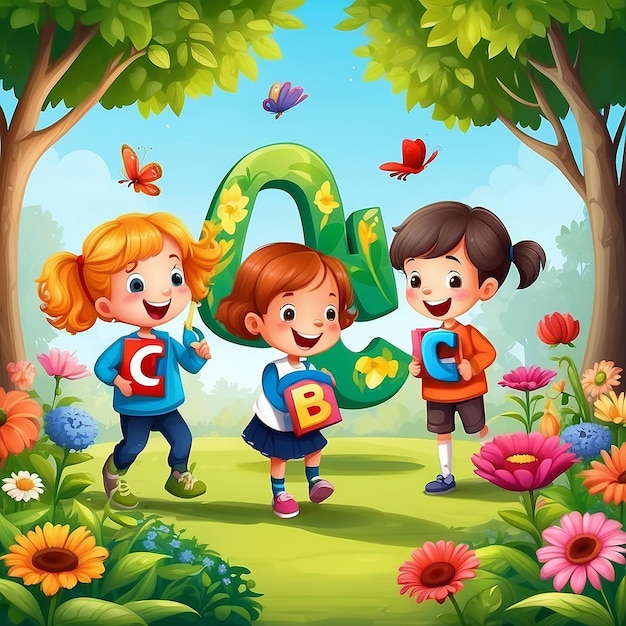 Ragazzi felici che portano le lettere abc nell'illustrazione del giardino