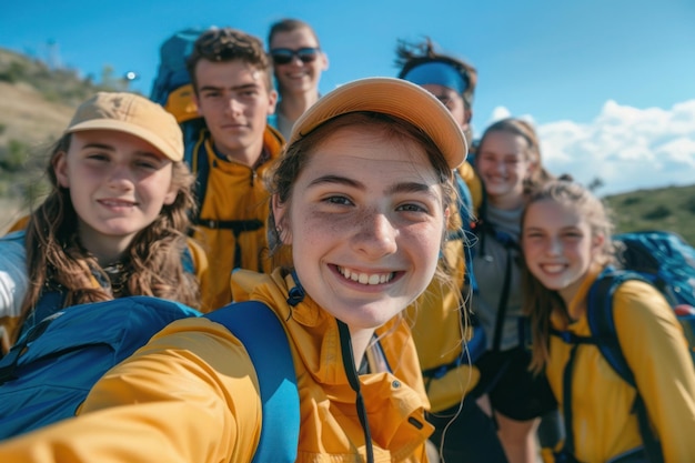 Ragazzi giovani attivi, adolescenti che fanno escursioni in montagna, campo estivo.