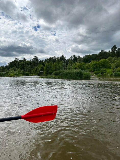 Ragazzi, giovani donne e uomini navigano sul fiume in estate.