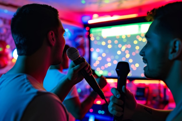 Ragazzi in un bar karaoke con lo schermo dei microfoni sullo sfondo