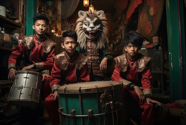 ragazzi vestiti in costumi cinesi con tamburi in stile manticore