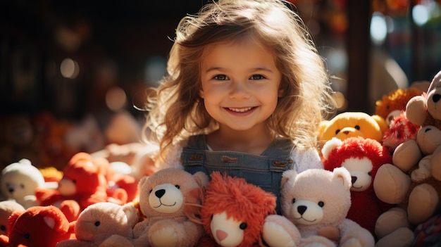 Ragazzina che fa un picnic con i suoi peluche