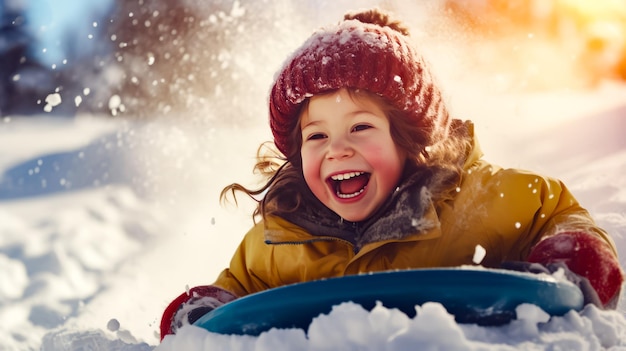 Ragazzina che gioca nella neve con il frisbee in mano AI generativa