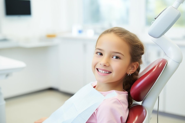 ragazzina che visita il dentista sullo sfondo in stile bokeh