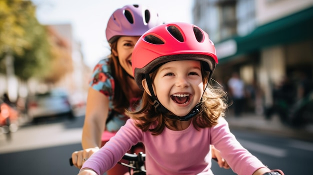 ragazzina con un casco rosa brillante nervosa ma eccitata che pedala una bicicletta con la mamma