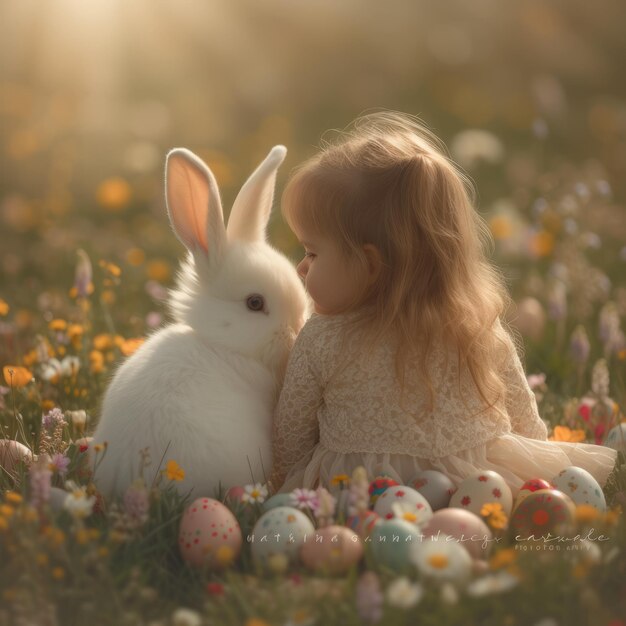 Ragazzina con un coniglio in un campo di fiori