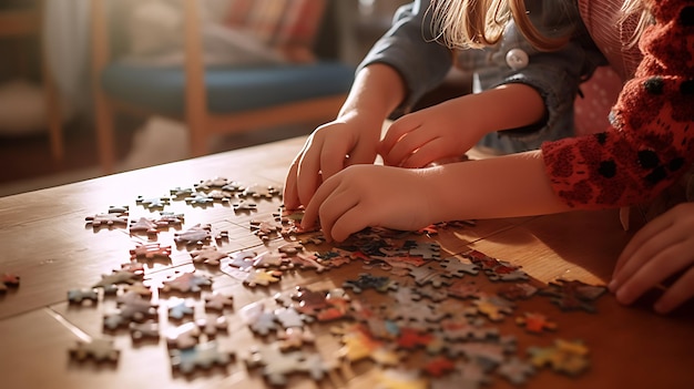 Ragazzini che mettono insieme un puzzle a casa Creato con la tecnologia Generative AI