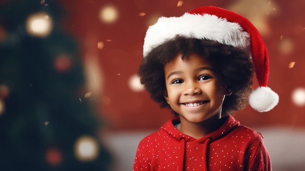 Ragazzino afroamericano che indossa Babbo Natale rosso contro l'albero di Natale