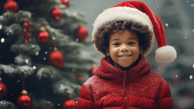 Ragazzino afroamericano che indossa Babbo Natale rosso contro l'albero di Natale