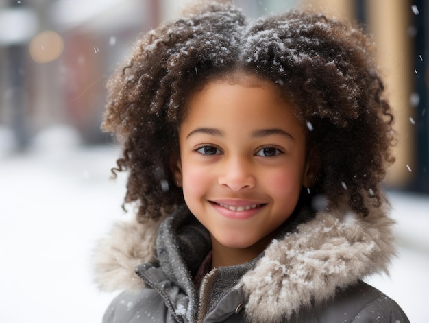 ragazzino afroamericano si diverte la giornata nevosa d'inverno in una postura dinamica e emozionale giocosa