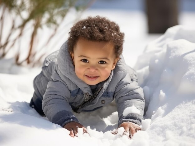 ragazzino afroamericano si diverte la giornata nevosa d'inverno in una postura dinamica e emozionale giocosa