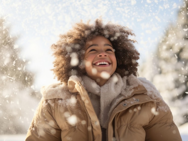 ragazzino afroamericano si diverte la giornata nevosa d'inverno in una postura dinamica e emozionale giocosa