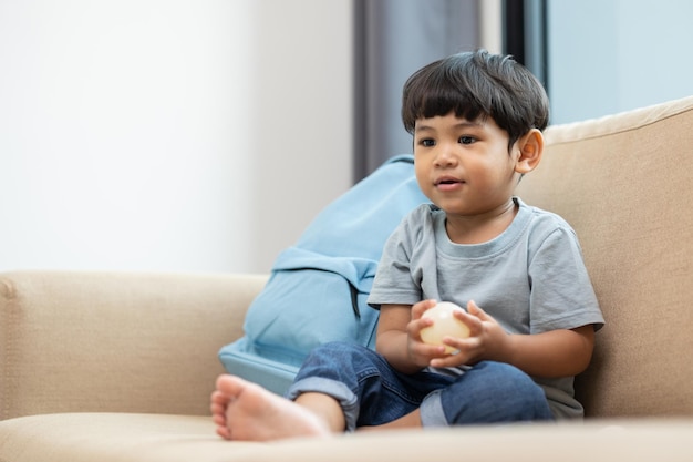 Ragazzino asiatico che gioca palla colorata nel soggiorno Seduto sul divano in casa Sviluppare l'apprendimento dei bambini prima di entrare nella scuola materna Pratica le abilità