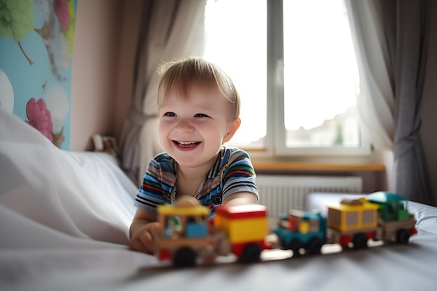 Ragazzino carino che gioca con il trenino sul letto di casa Bambino felice che si diverte con giocattoli di legno colorati IA generativa