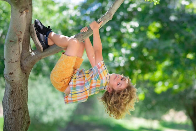 Ragazzino carino che si diverte ad arrampicarsi sull'albero il giorno d'estate bambino carino che impara ad arrampicarsi divertendosi