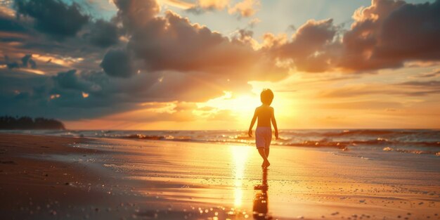 Ragazzino che cammina sulla spiaggia al tramonto aiga