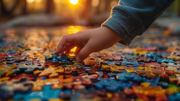 Ragazzino che gioca con pezzi colorati del puzzle dell'autismo nel parco al tramonto