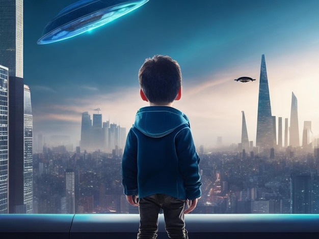 Ragazzino che guarda l'UFO che sorvola il rendering 3D della città