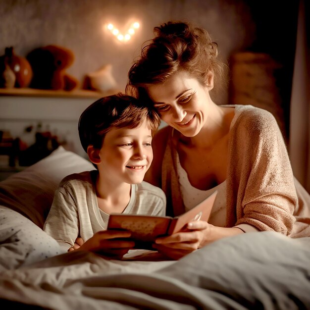 ragazzino che legge un biglietto di auguri fatto a mano con sua madre