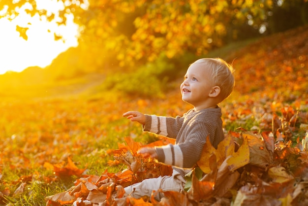 Ragazzino che si siede in foglie di autunno