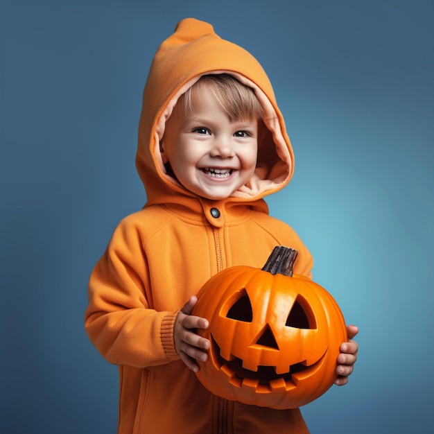 ragazzino che sostiene una zucca arancione