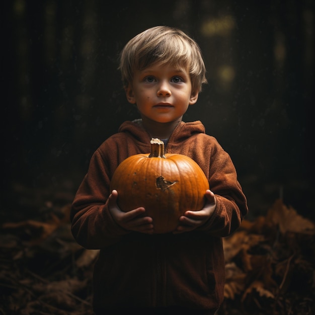 ragazzino che sostiene una zucca arancione