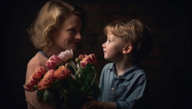 Ragazzino che tiene fiori abbracciando sua madre e celebrando la festa della mamma IA generativa