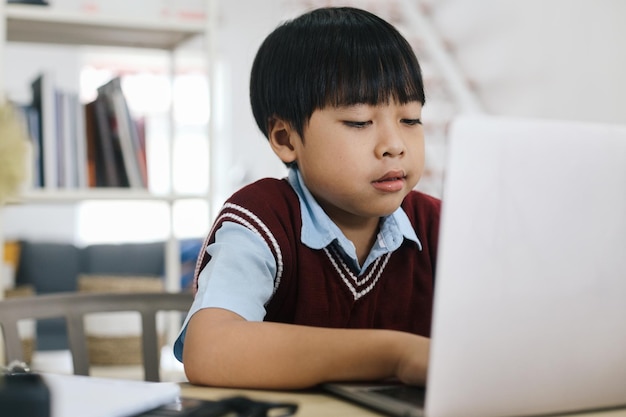 Ragazzino che usa un portatile che studia online a casa mentre scrive sulla tastiera guardando lo schermo del portatile