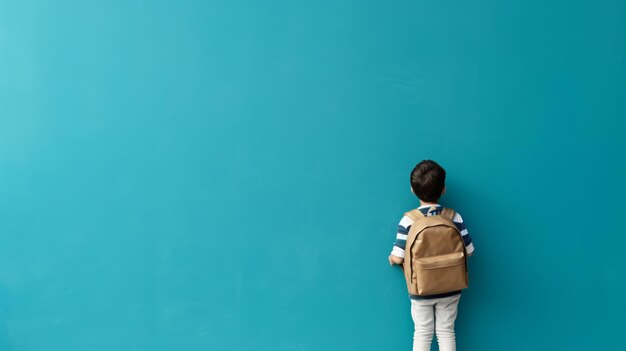 Ragazzino con borsa da scuola sullo sfondo blu sul retro