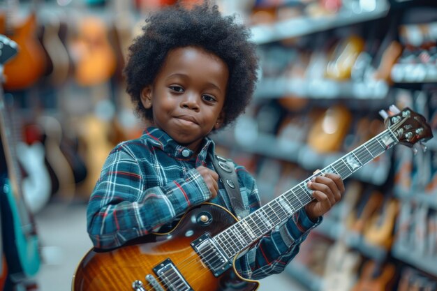 Ragazzino con la chitarra in negozio