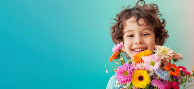 Ragazzino con un bouquet di fiori su uno sfondo blu