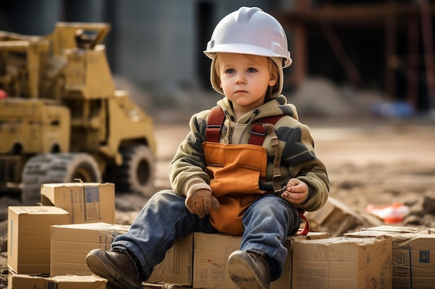 Ragazzino con un casco da costruzione e una scatola di mattoni generativa di Ai