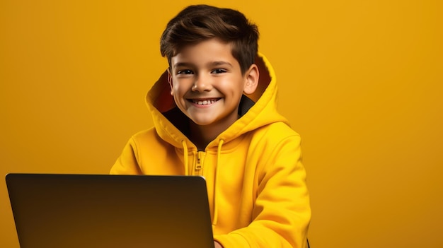 Ragazzino con un computer portatile su uno sfondo giallo